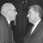 After the concert he has conducted in Cleveland, Jolivet is smiles to George Szell who congratulates him.